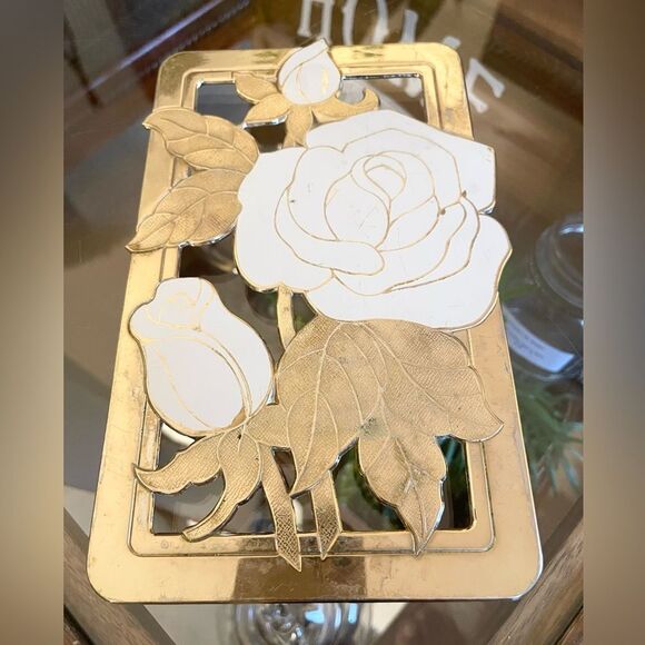 VTG Pot Holder Warmer Trivet WM.A. ROGERS LTD Gold w/Cream Roses Japan 5.5"x 9" - Picture 1 of 4
